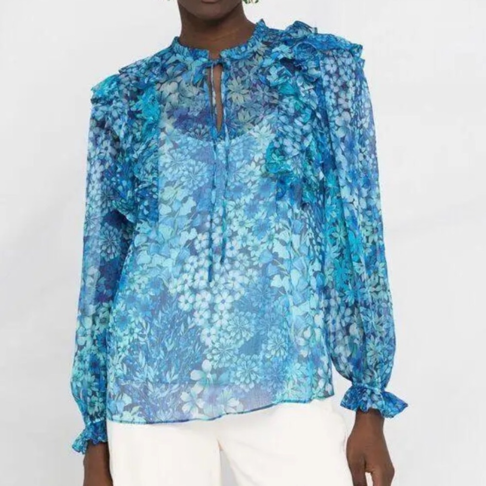 NWOT $440 Sz S TWINSET Blue Floral Poet-Sleeve Ruffled Blouse